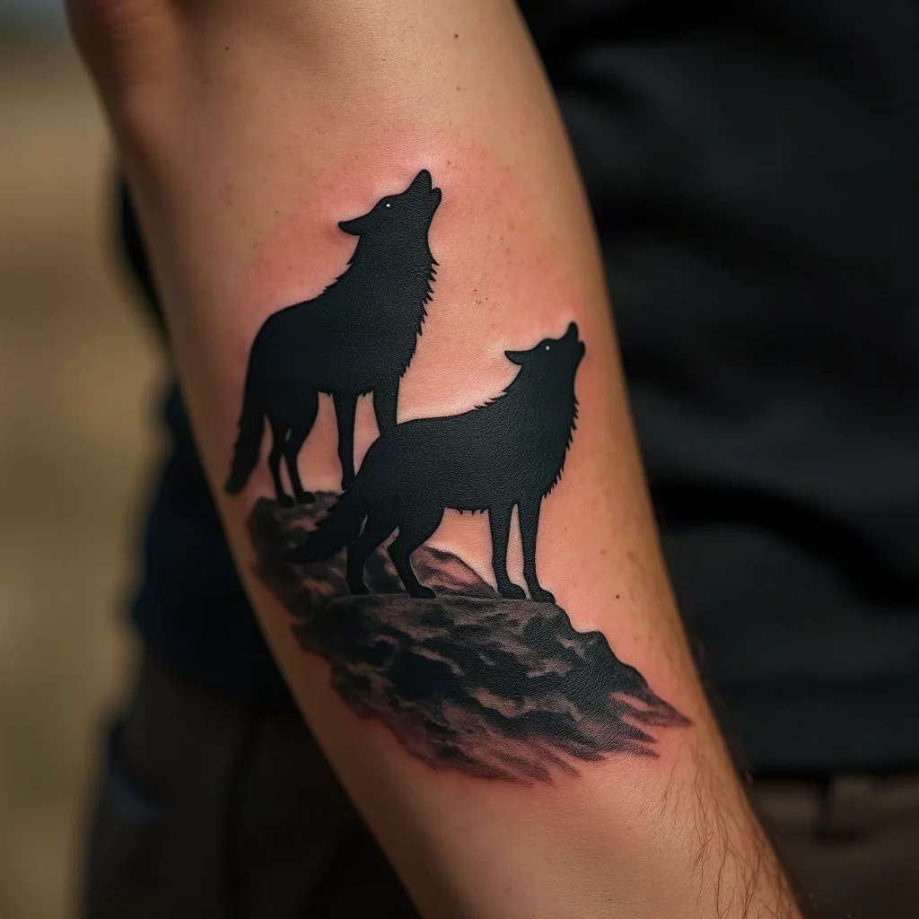 Three wolves on a ridge in blackwork silhouette on a man's outer forearm