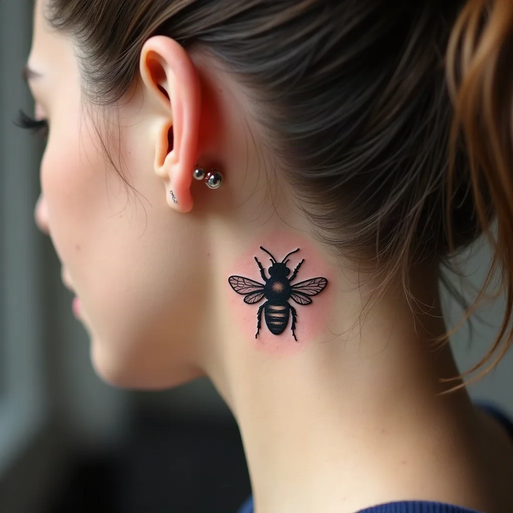 Tiny fine-line bee tattoo behind the ear, a micro piece that needs minimal moisturizing