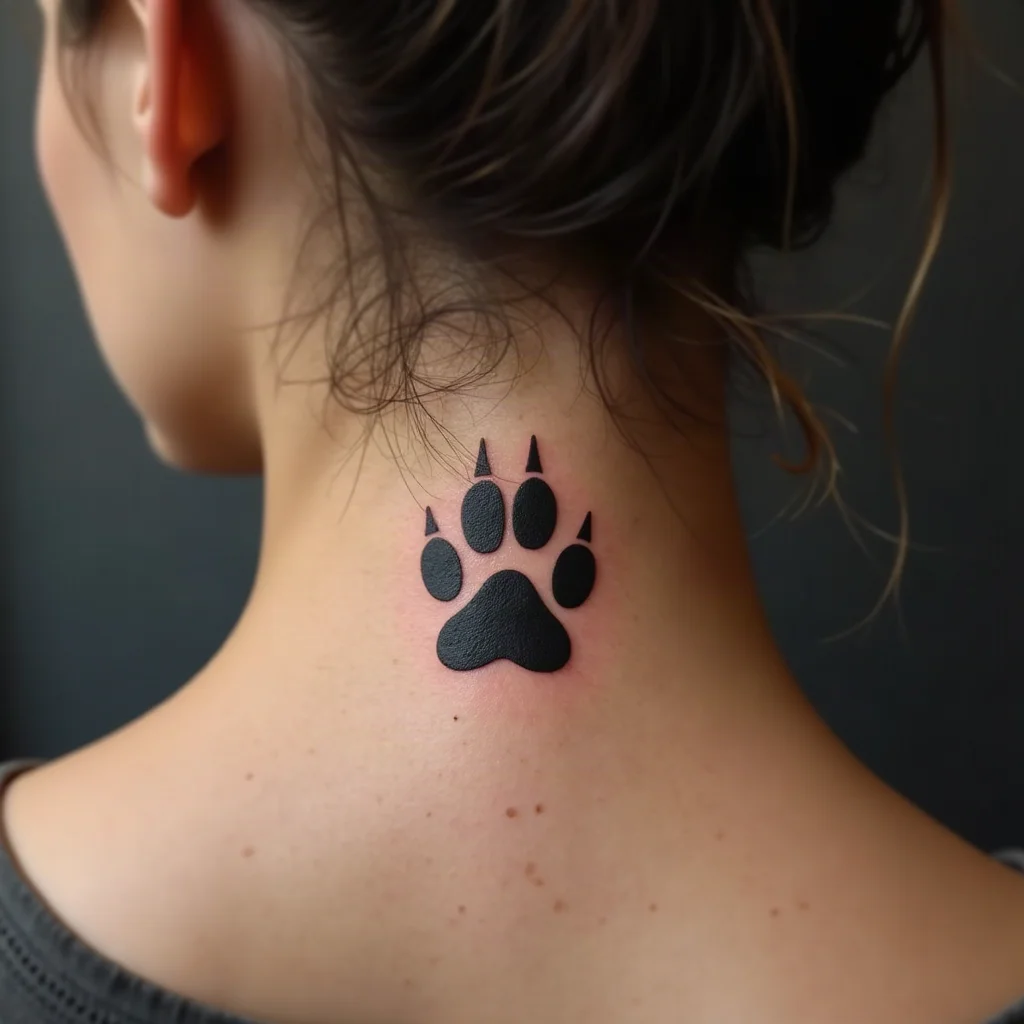 Tiny life-size cat paw print tattoo in minimalist black behind the ear