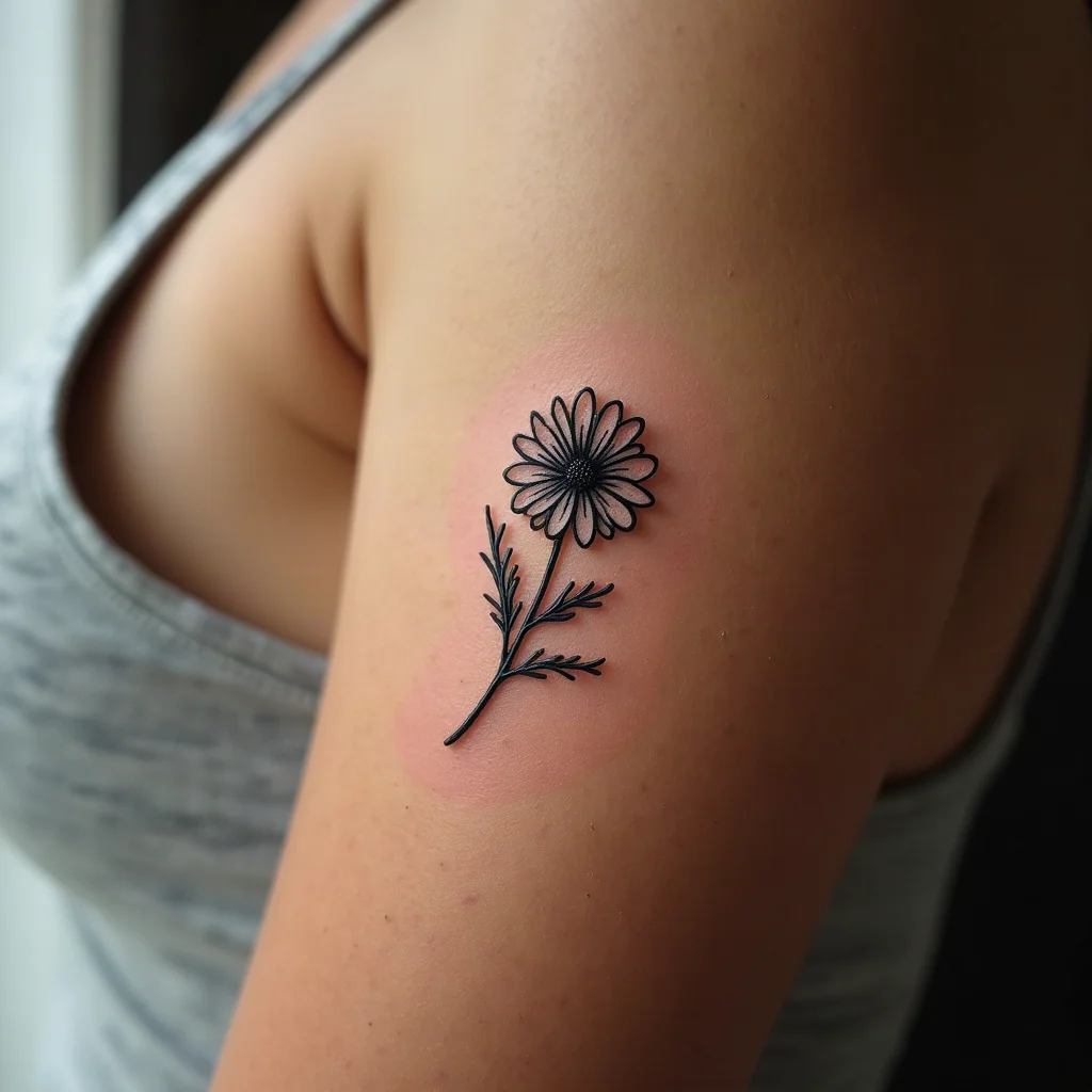 Tiny minimalist aster with eight petals tattooed on the side of the finger
