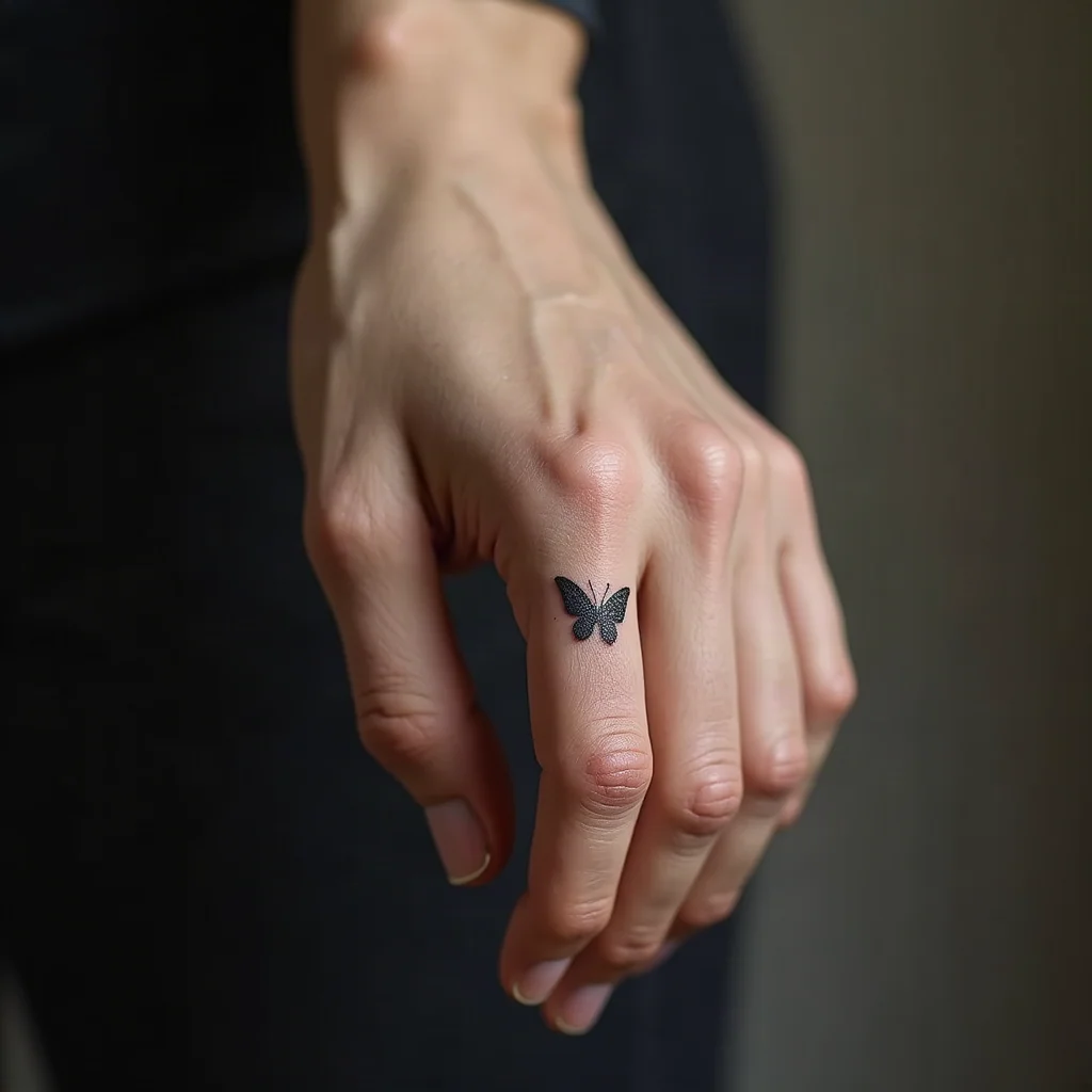 Tiny minimalist butterfly silhouette tattooed on the outside of a finger