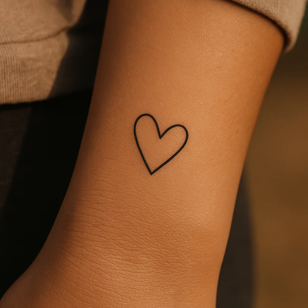 Tiny minimalist heart outline tattoo on the inner wrist, a quick first tattoo