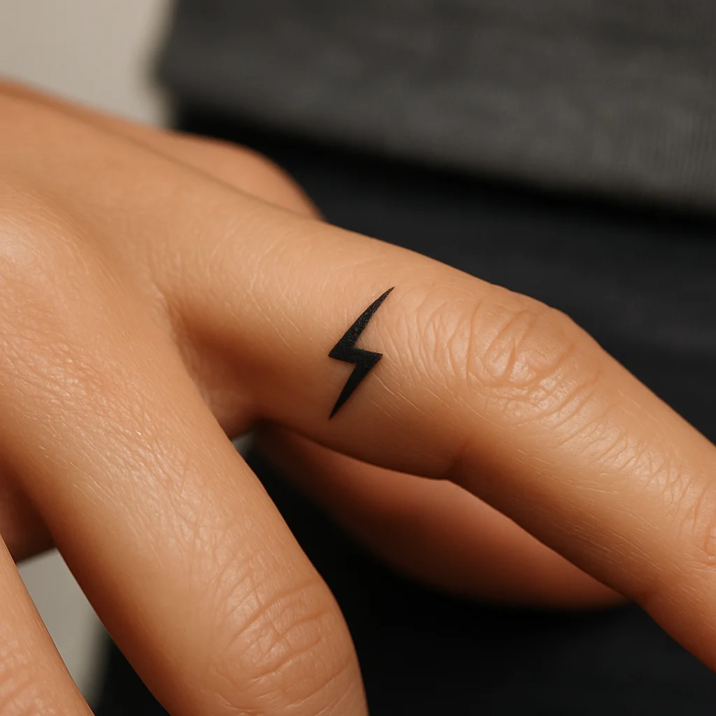 Tiny minimalist lightning bolt tattoo on the side of the index finger