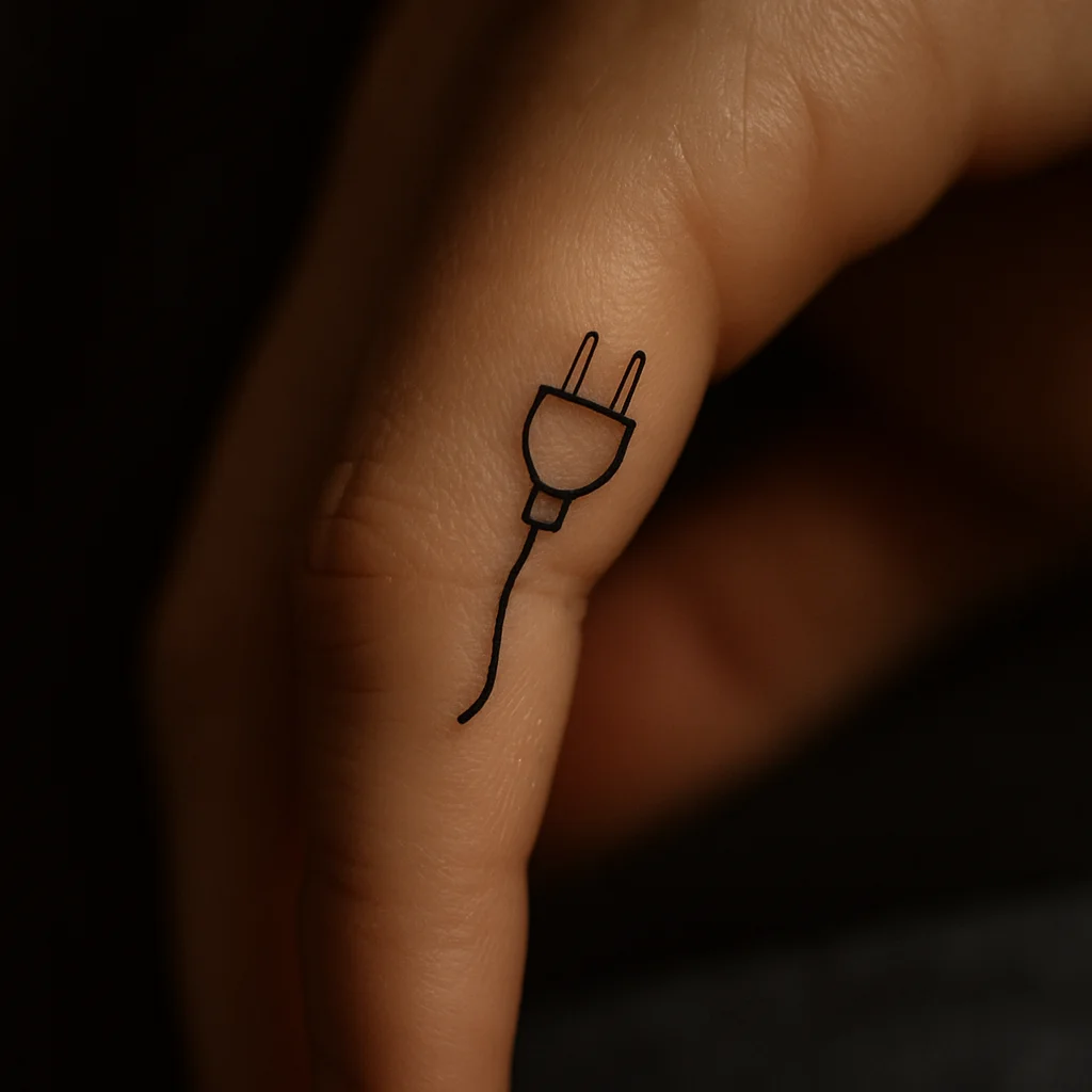 Tiny minimalist plug outline tattoo on the side of the finger as half of a couple joke pair