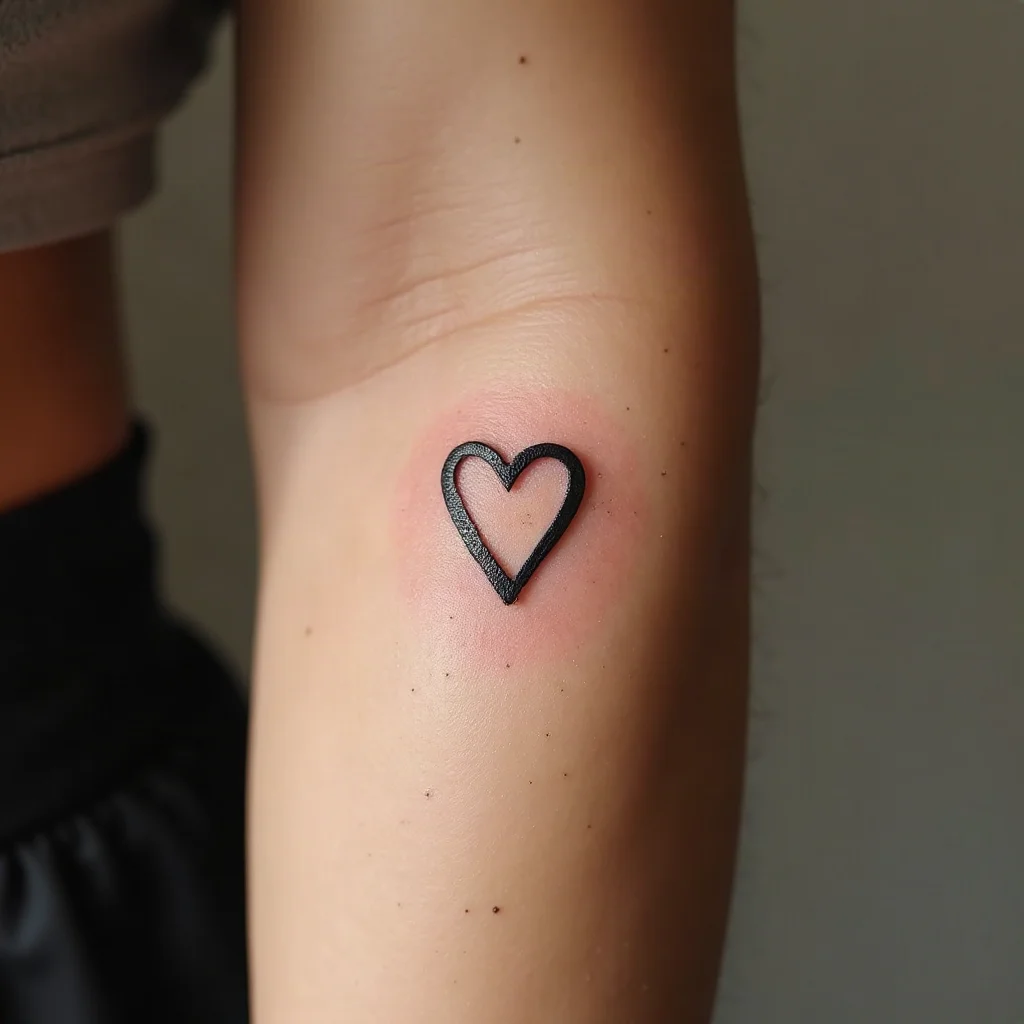 Tiny open heart outline tattooed on the side of a finger in minimalist style