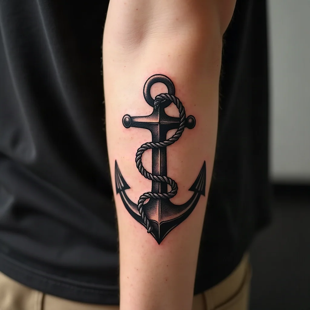 Traditional anchor and rope tattoo on a son's outer forearm, matching his mother's single-line anchor