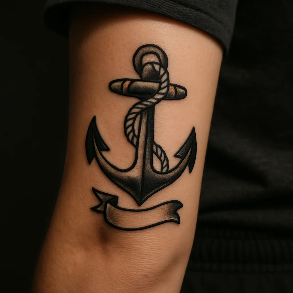 Traditional anchor and rope tattoo with a small banner on the outer forearm in bold black and red