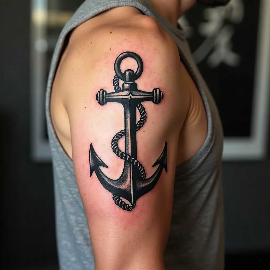 Traditional anchor with looped rope tattooed on a man's upper arm