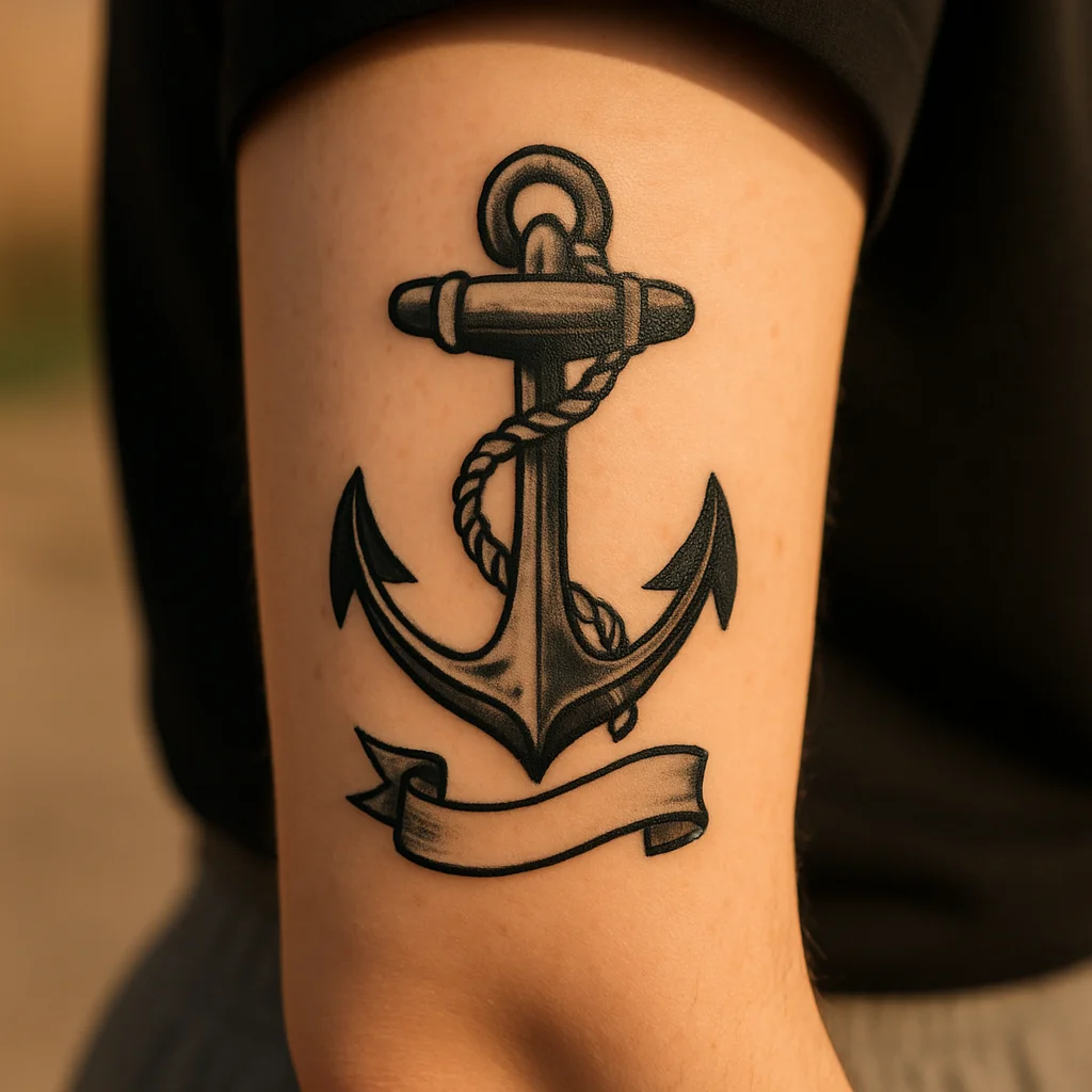 Traditional anchor with rope and banner tattooed on the outer forearm
