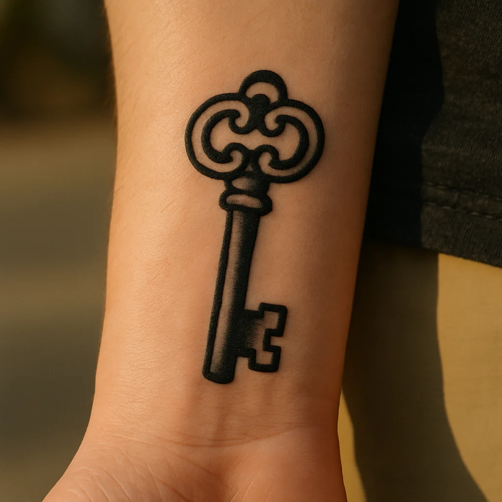 Traditional antique key tattoo with heavy linework on an inner wrist