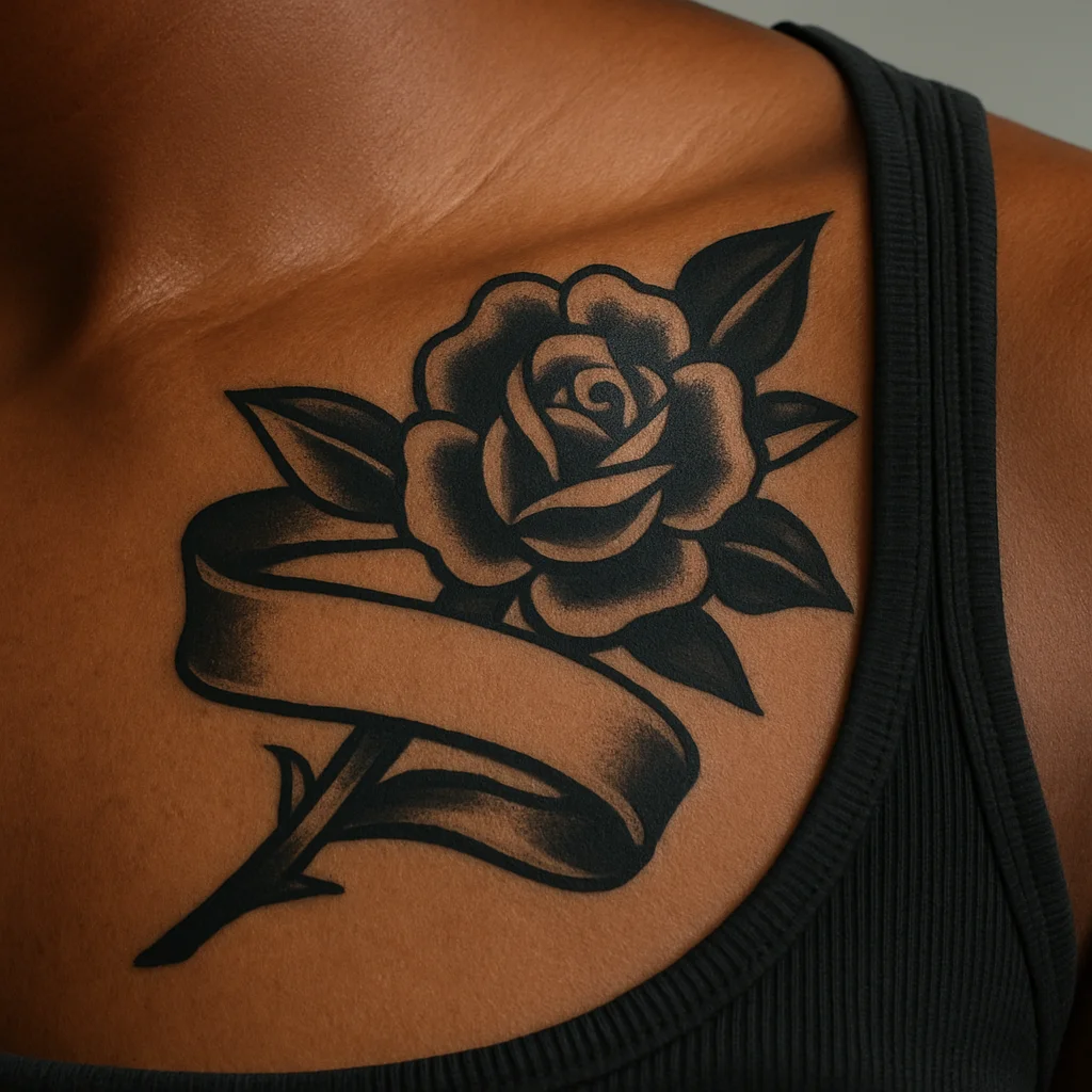 Traditional banner and rose tattoo angled across the outer chest over the pec