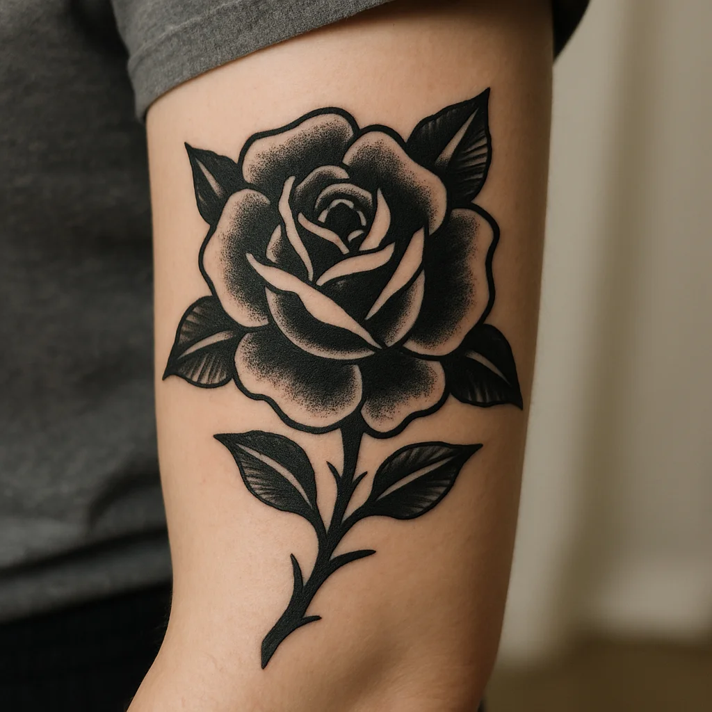 Traditional bold-line rose with folded leaves tattooed on a man's outer forearm