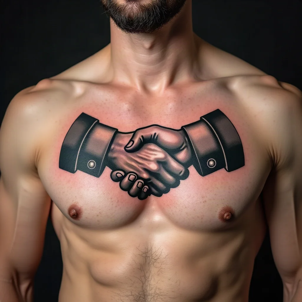 Traditional clasped hands tattoo with work shirt cuffs on a man's chest
