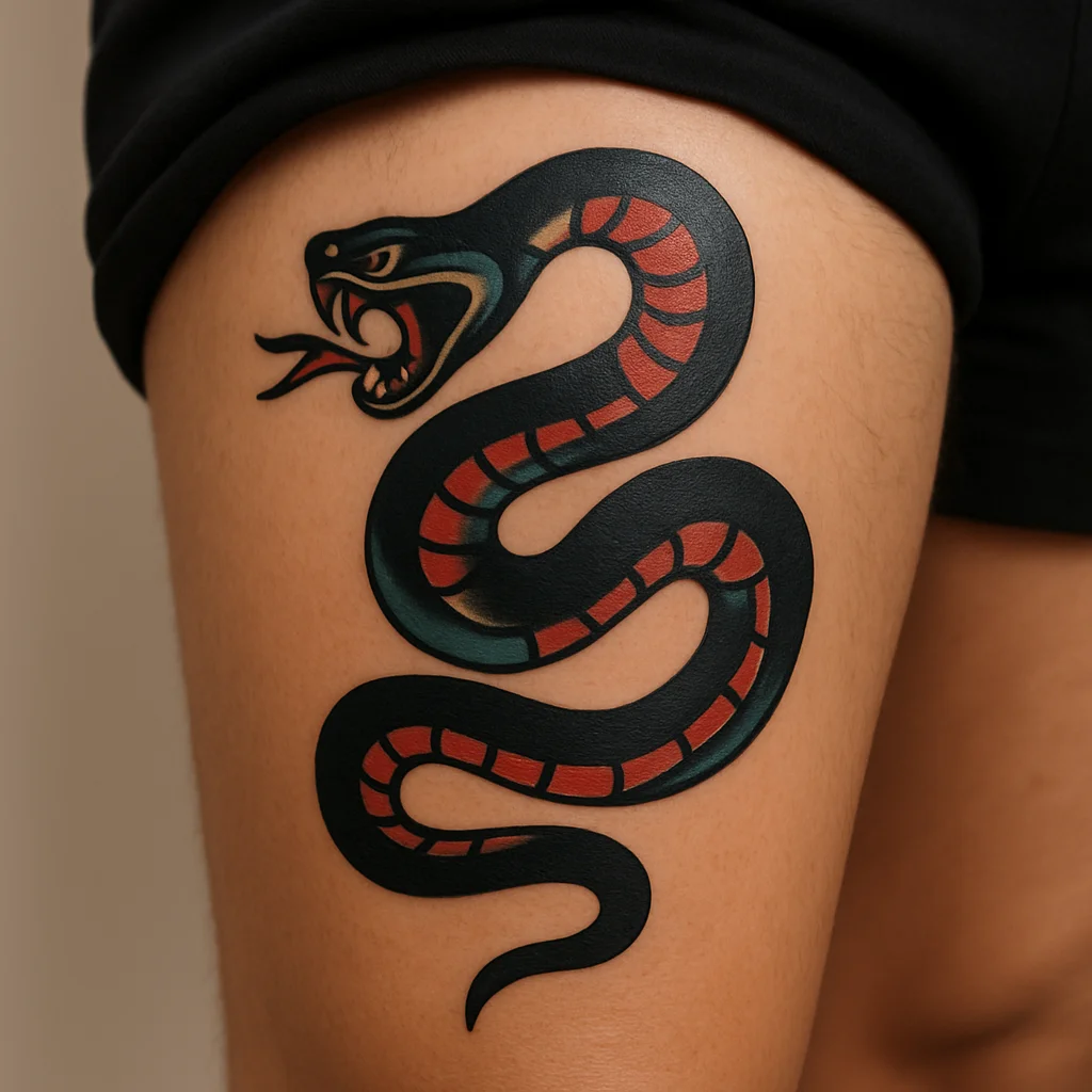 Traditional coiled snake tattoo with bold outlines wrapping the outer thigh