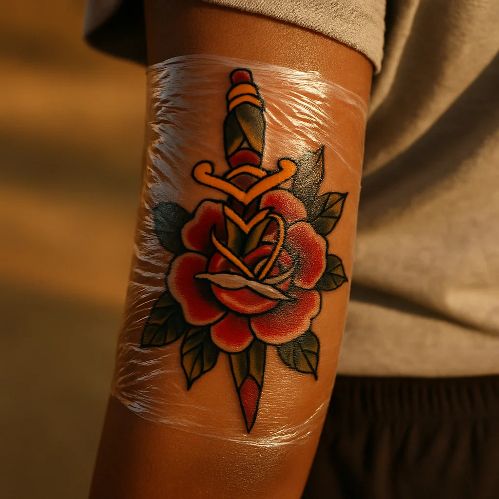 Traditional dagger and rose tattoo on an outer forearm re-wrapped in clean film for the first night