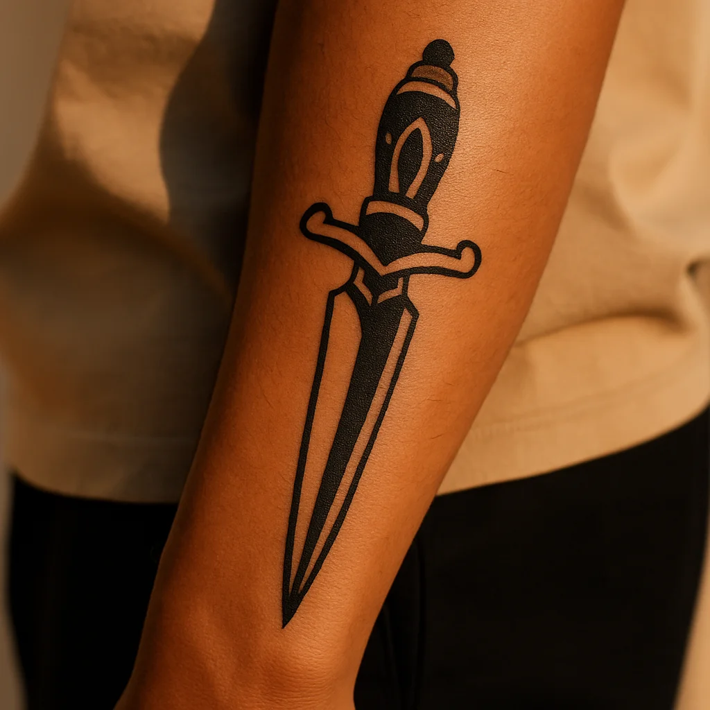 Traditional dagger tattoo pointing toward the wrist along the bone line of the outer forearm
