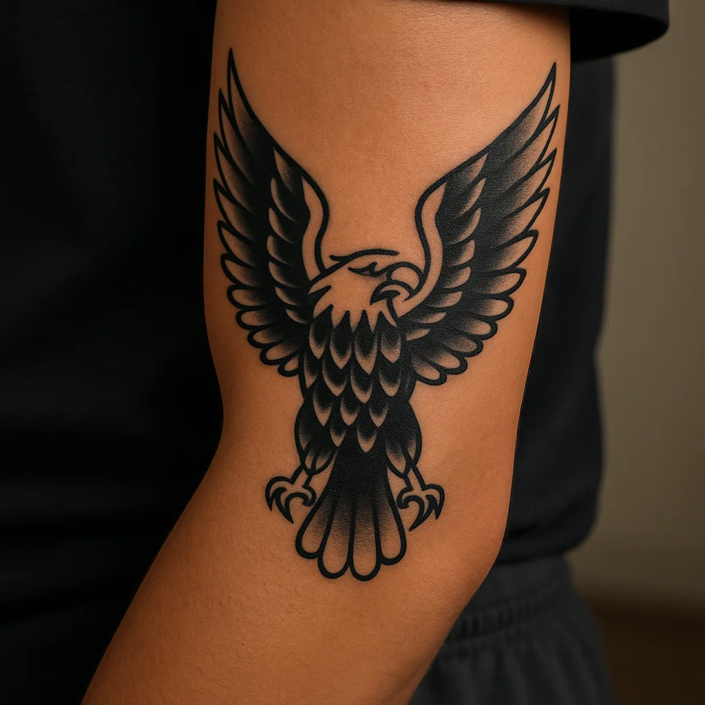 Traditional eagle with spread wings filling the width of a man's outer forearm