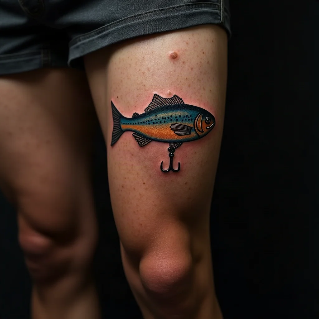 Traditional fishing lure tattoo on a man's thigh