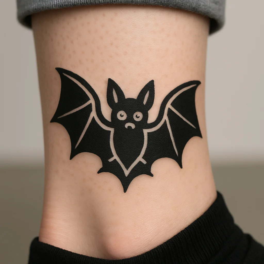 Traditional flash bat tattoo with solid black wings on the ankle