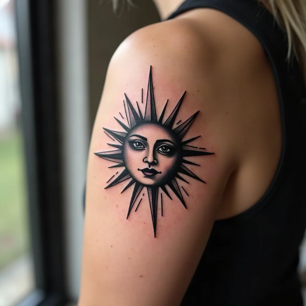 Traditional rayed sun tattoo on a son's upper arm, matching his mother's crescent moon