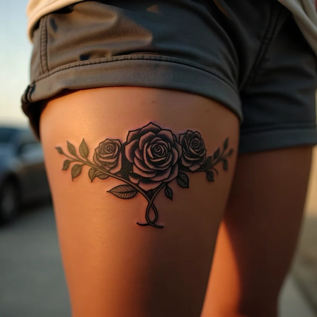 Traditional rose and lace garter band tattoo wrapping the thigh with front ribbon detail