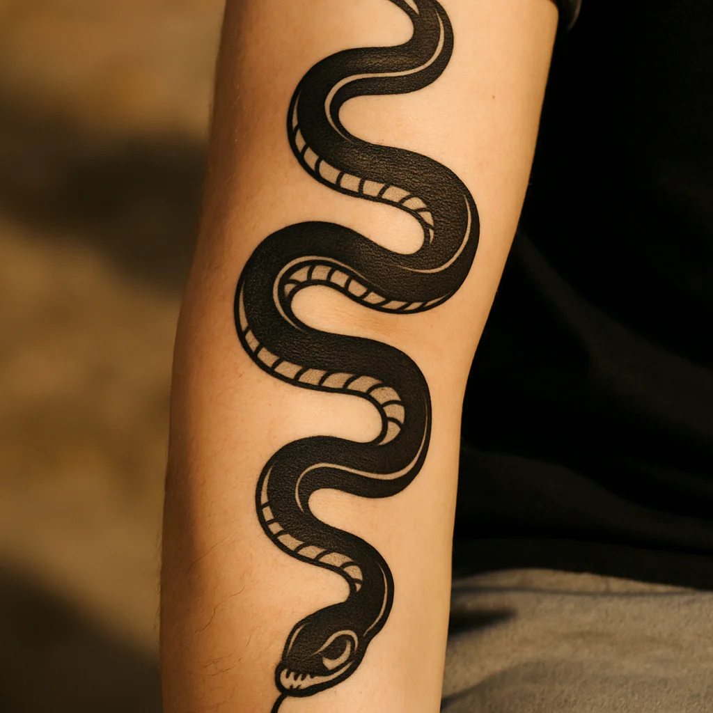 Traditional snake coiling along the outer forearm with the head facing forward near the elbow