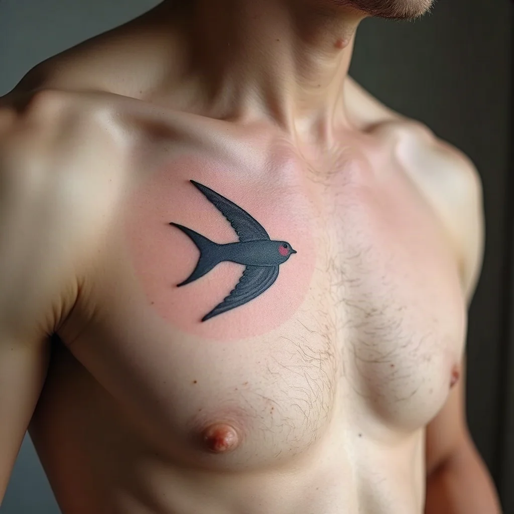 Traditional swallow tattoo on a son's chest, mirroring his mother's swallow facing the other way