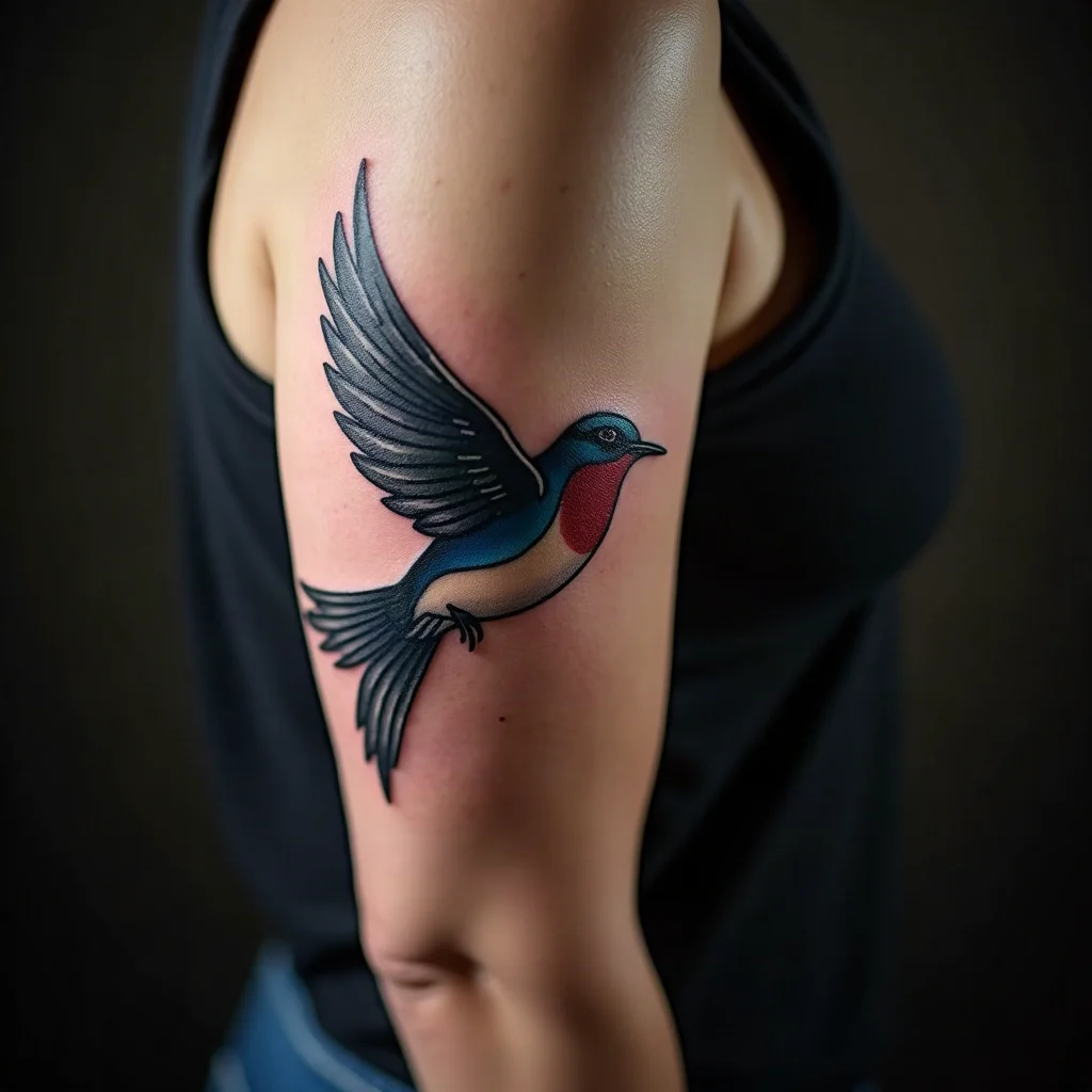 Traditional swallow tattoo on a woman's upper arm as one of three matching sister designs