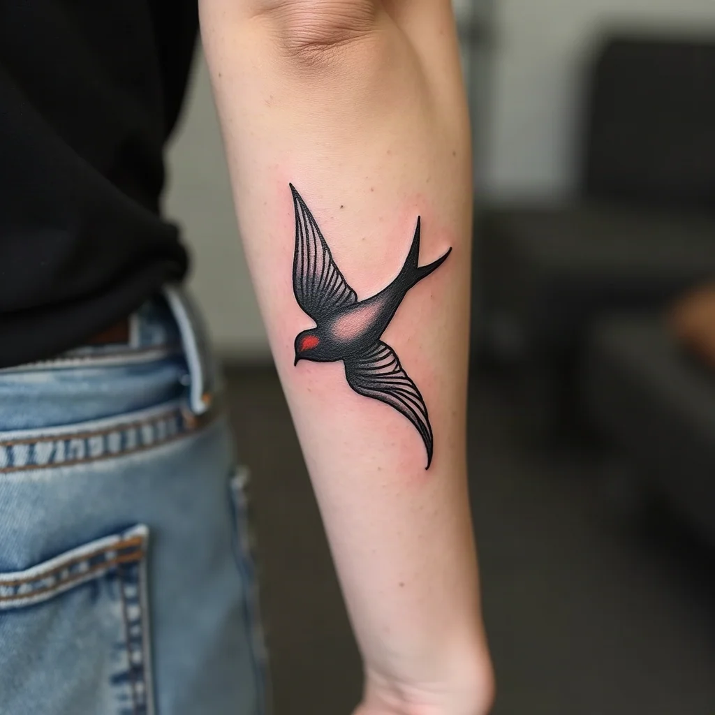 Traditional swallow tattoo on an outer forearm during the peeling and flaking phase of healing