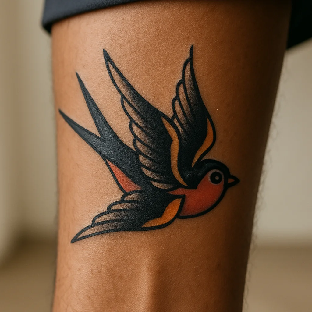 Traditional swallow tattoo with bold outlines on the lower outer calf