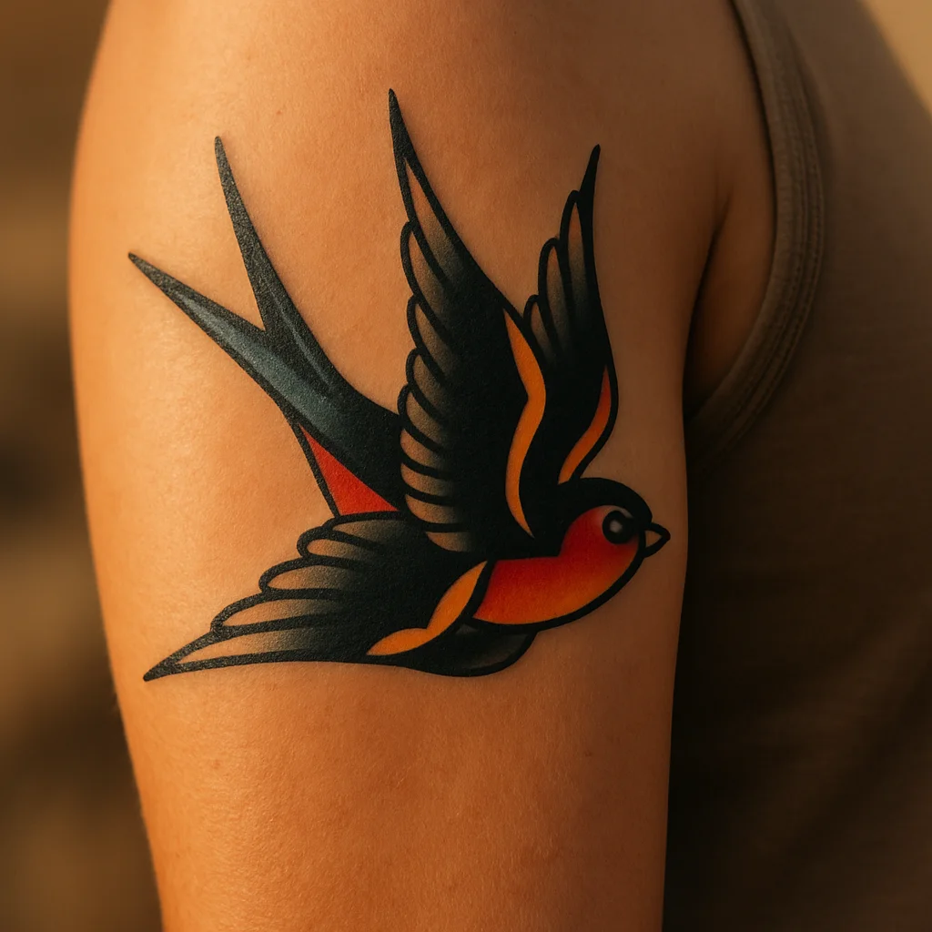 Traditional swallow tattoo with solid colour packing on the upper arm