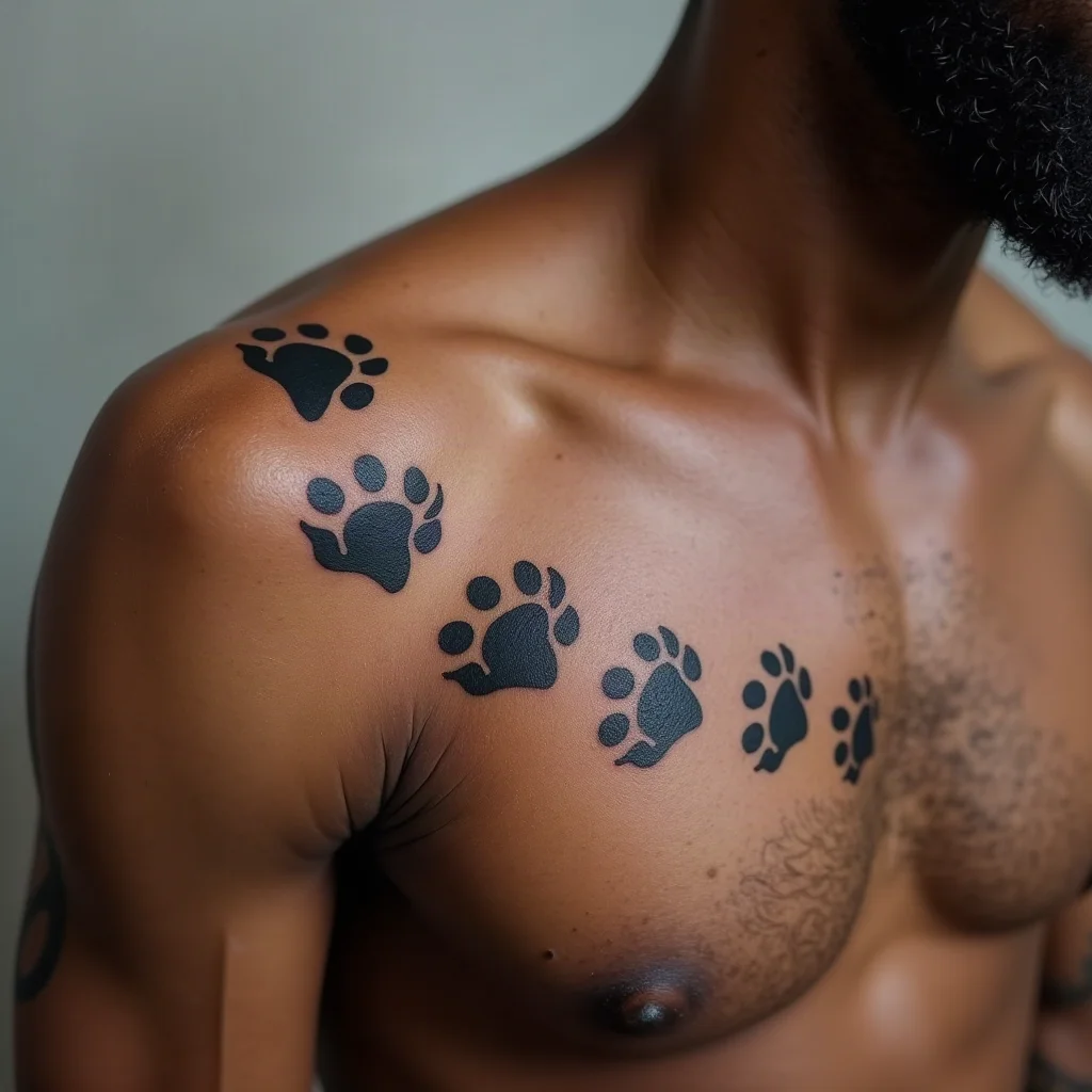 Trail of paw prints walking over the shoulder toward the chest, blackwork tattoo