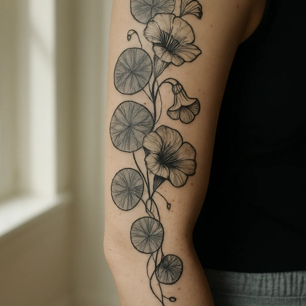 Trailing nasturtium sleeve with round leaves tumbling from upper arm to wrist