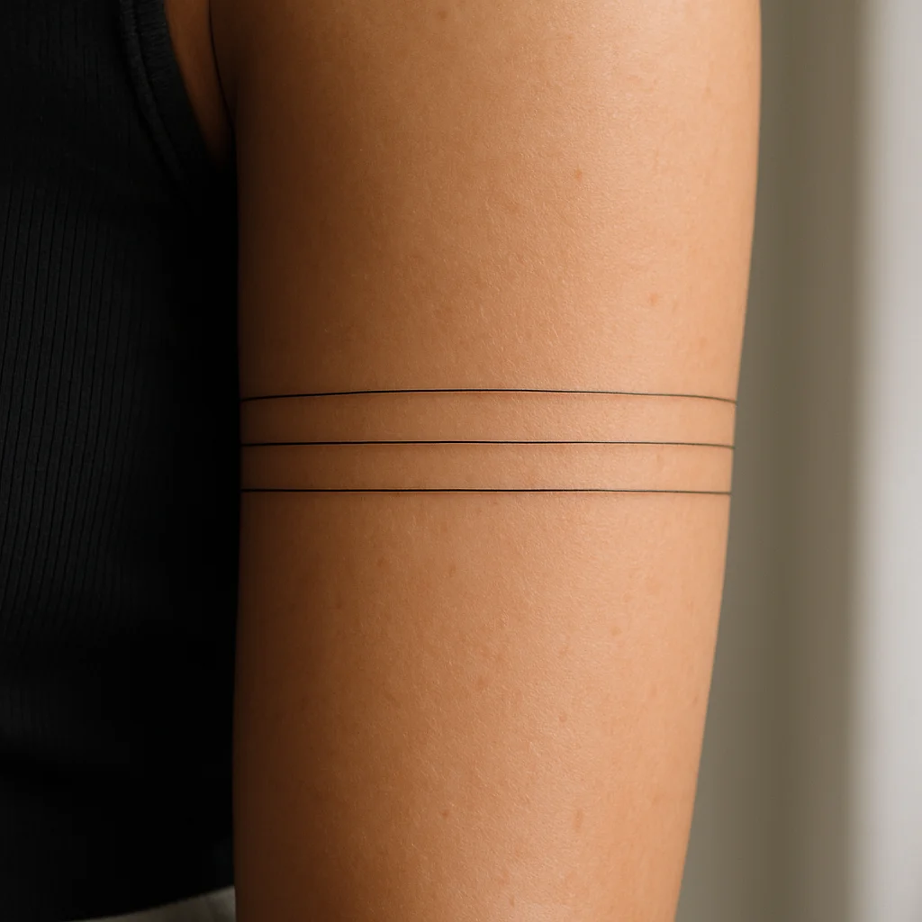 Triple hairline armband stack circling the bicep in delicate fine-line style
