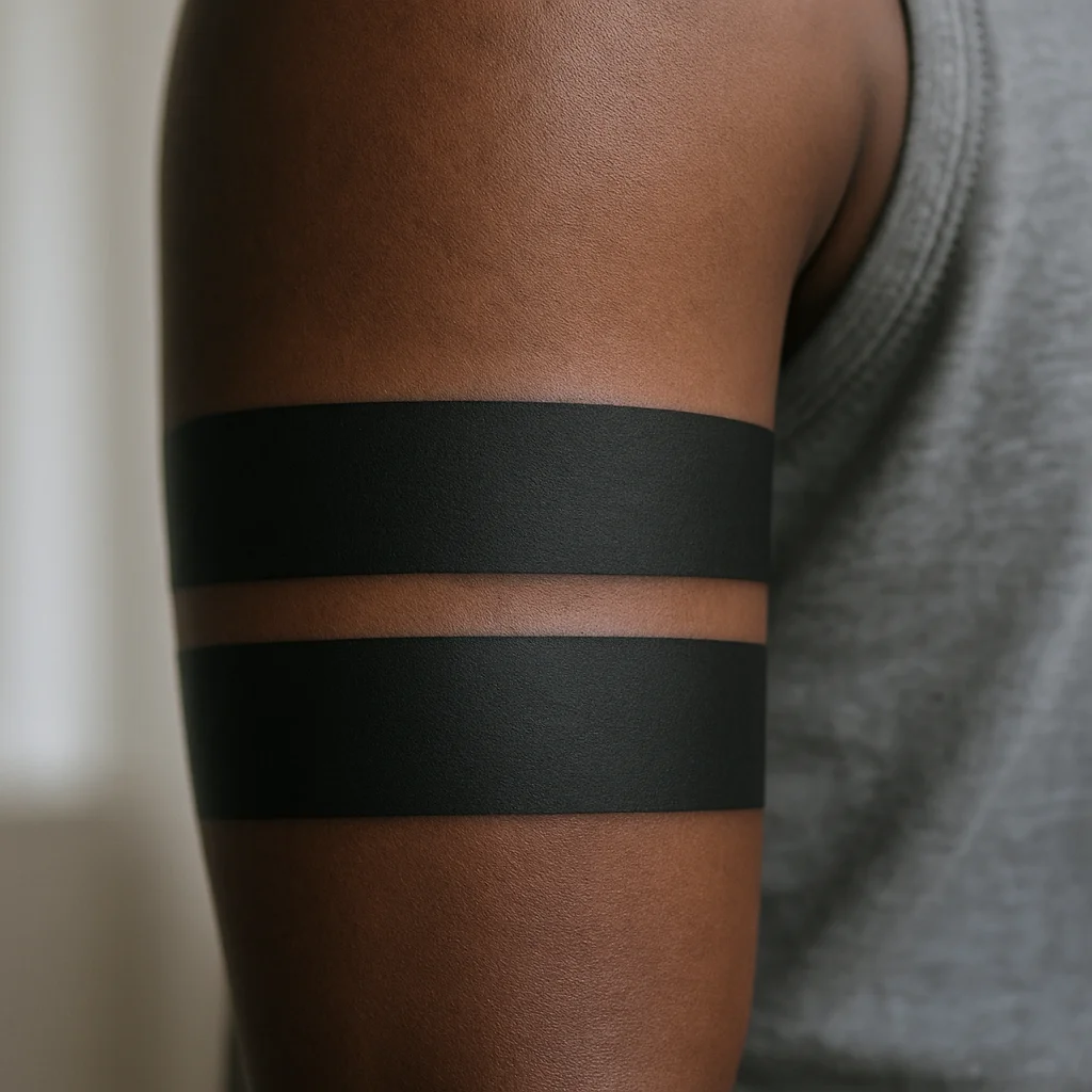 Twin solid black mourning bands circling the bicep in blackwork style
