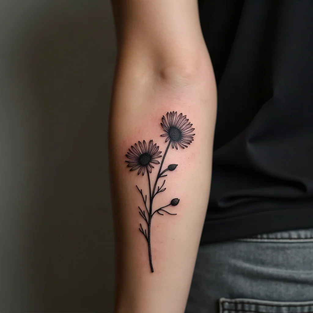 Two fine-line asters on a single arched stem running along the inner forearm