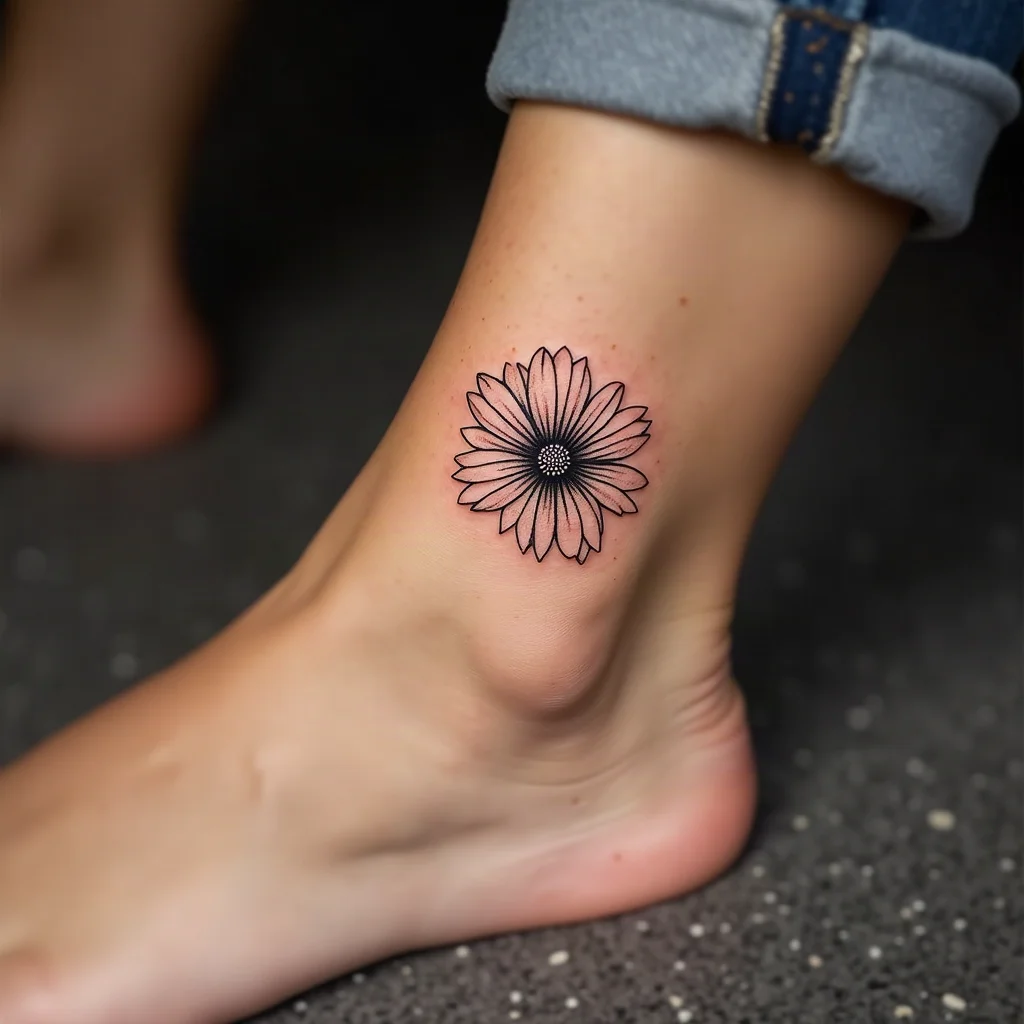 Two-inch fine-line aster with spaced petals and stippled center tattooed on the ankle