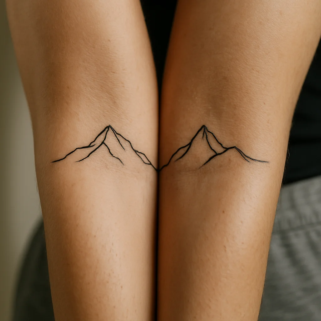 Two minimalist split mountain ridgeline tattoos lining up where two inner forearms meet