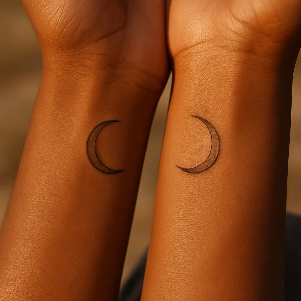 Two mirrored fine-line crescent moon couple tattoos curving toward each other on inner wrists