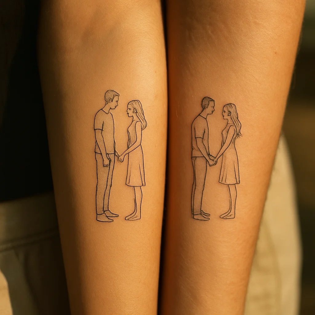 Two small matching fine-line couple tattoo stencils lined up side by side on inner forearms
