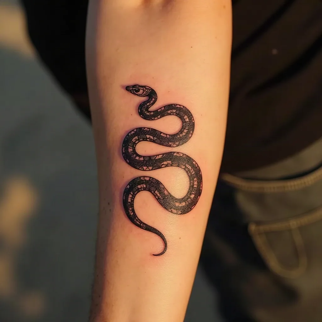 Two small snake tattoos on the outer forearm, one simple linework and one heavily shaded, comparing detail levels