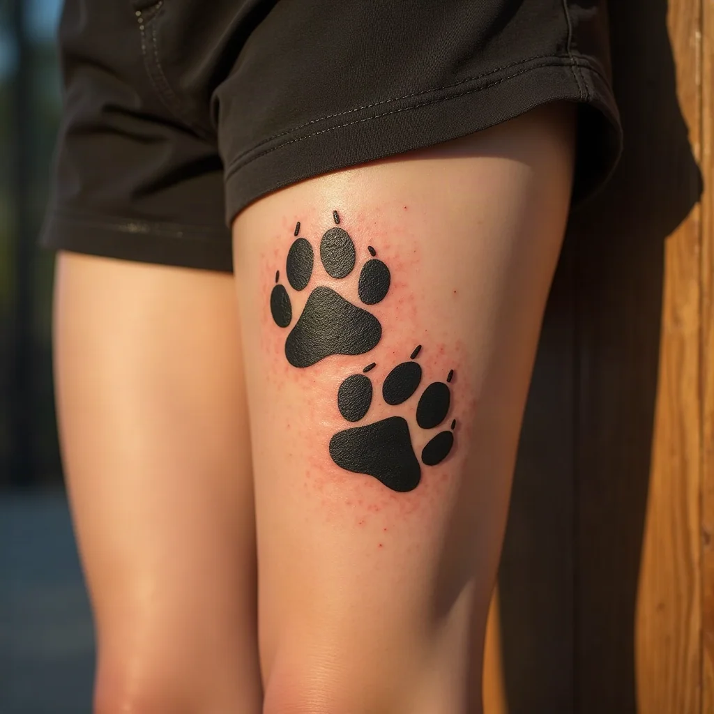 Two stacked dog paw print tattoos at true relative size in blackwork on a calf