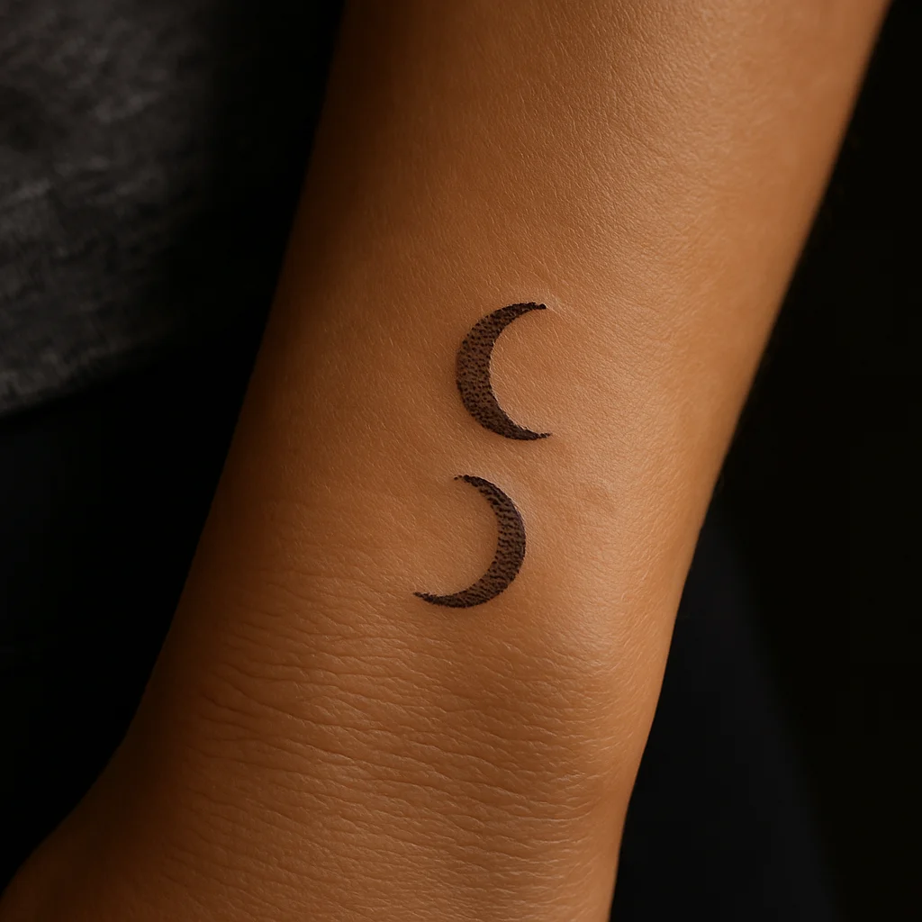 Two tiny dot-work moon phase tattoos on the side of the wrist from one short sitting
