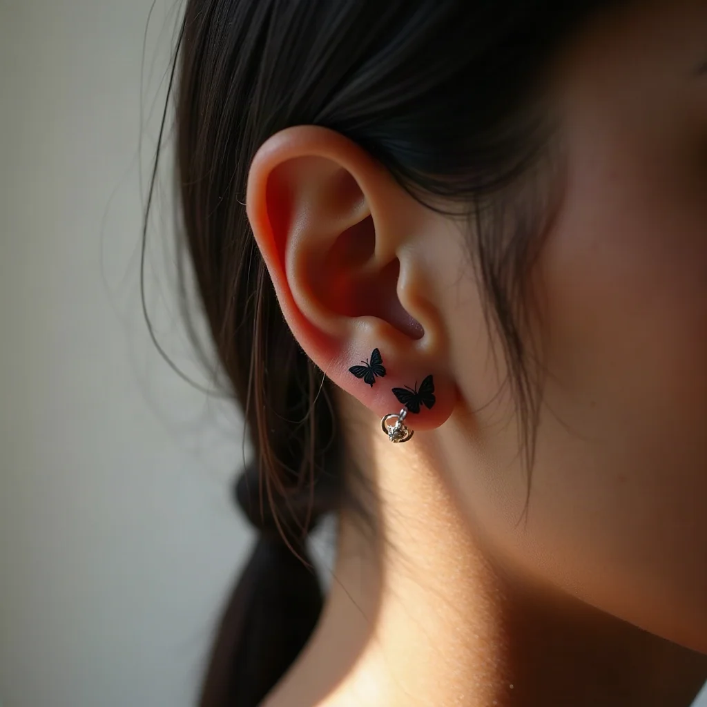 Two tiny minimalist butterfly silhouettes tattooed behind the ear