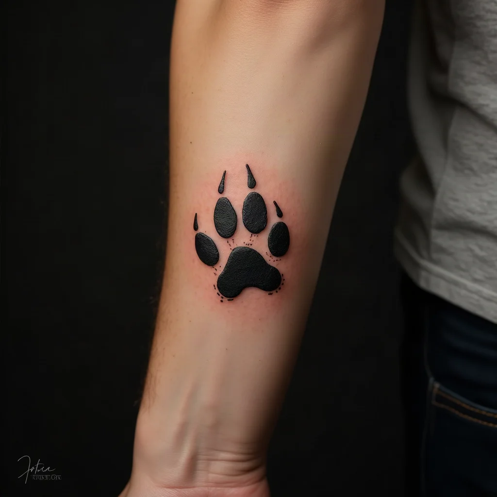 Unretouched dog paw print tattoo with speckled ink texture, illustrative style on an inner forearm