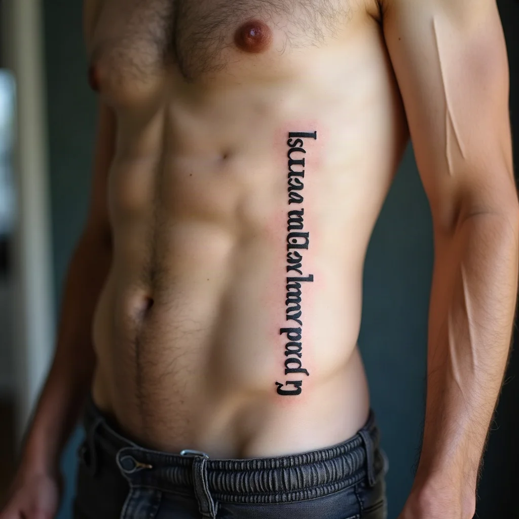 Vertical blackletter script column tattooed down a man's side of the ribcage