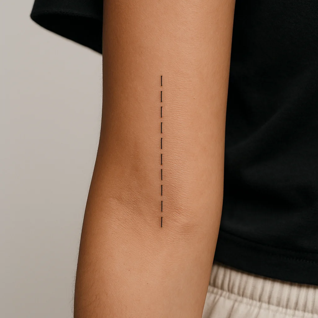 Vertical fine-line script phrase running down the centre of the outer forearm