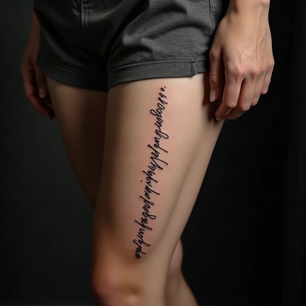Vertical fine-line script quote tattoo running down the back of a woman's thigh toward the knee