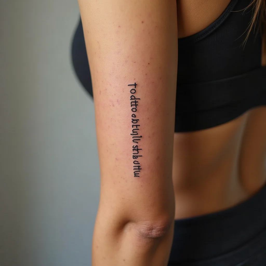 Vertical fine-line script tattoo hidden on a woman's inner bicep
