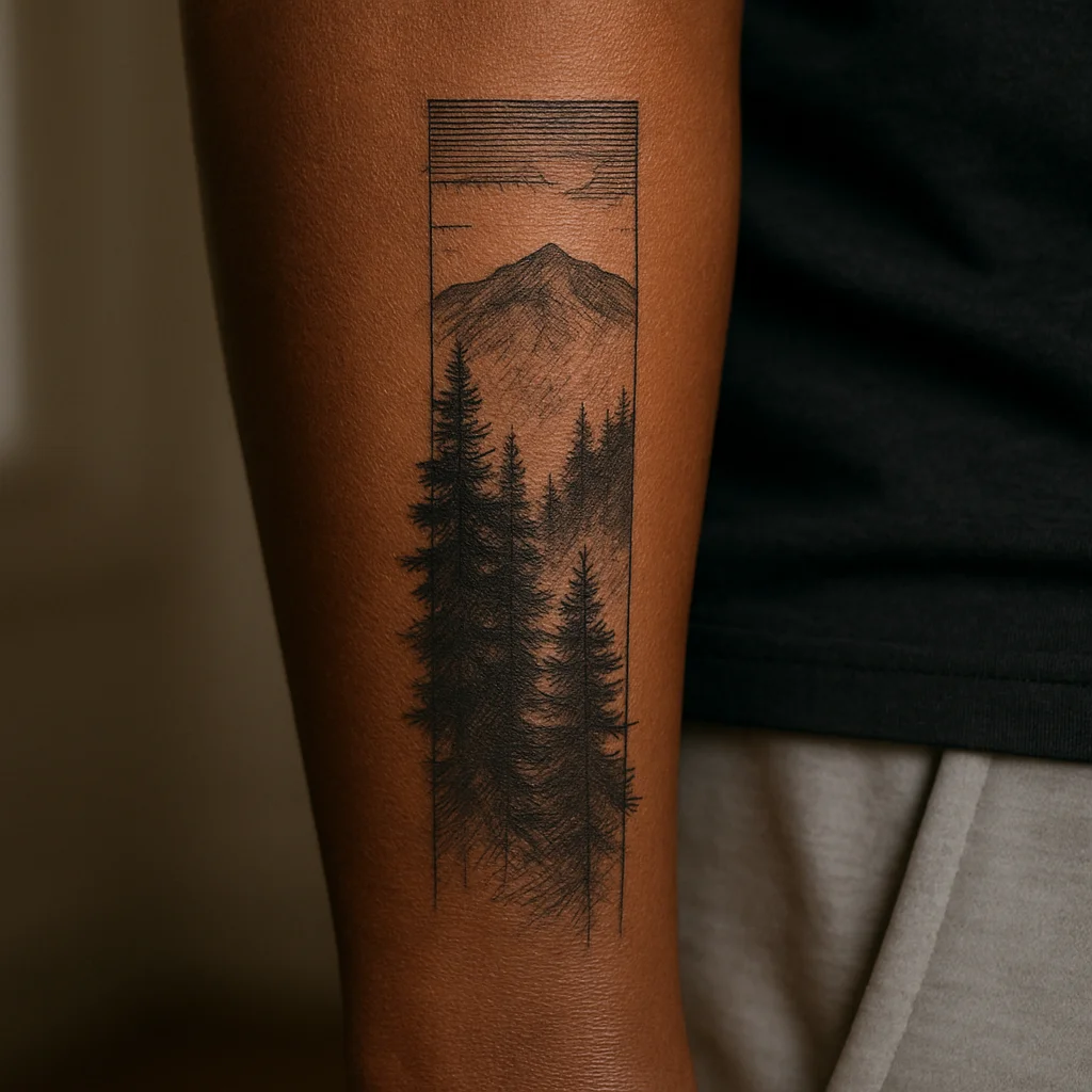 Vertical pine treeline and mountain ridge landscape strip tattooed on a man's outer forearm